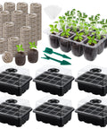 Six Pack Seed Starter Tray Kit With Humidity Dome And Base 12 Cell Germination Trays Peat Pellets Plant Labels Tools Indoor Outdoor Black