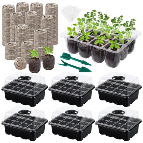 Six Pack Seed Starter Tray Kit With Humidity Dome And Base 12 Cell Germination Trays Peat Pellets Plant Labels Tools Indoor Outdoor Black