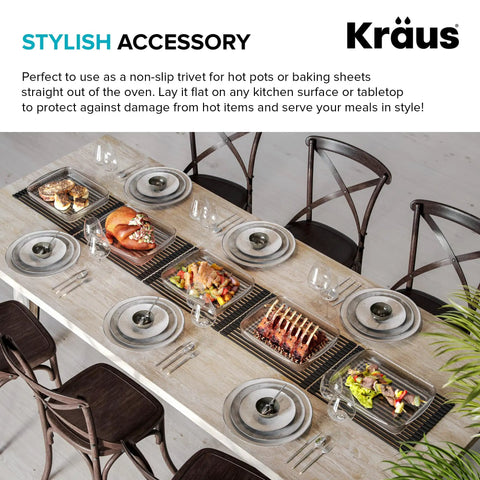 Multipurpose Workstation Sink Roll-Up Dish Drying Rack With Colander And Trivet on dining table as heat-safe trivet, Black Finish