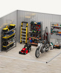 Interior of 10 Ft By 8 Ft Metal Outdoor Storage Shed With Windows And Lockable Doors Sloped Roof Waterproof Rain Or Shine Ready No Fuss Setup For Tools Bikes Patio Backyard Pet Shelter Gray And White, showing organized tools and a motorcycle.