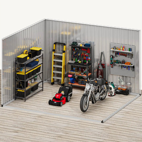 Interior of 10 Ft By 8 Ft Metal Outdoor Storage Shed With Windows And Lockable Doors Sloped Roof Waterproof Rain Or Shine Ready No Fuss Setup For Tools Bikes Patio Backyard Pet Shelter Gray And White, showing organized tools and a motorcycle.
