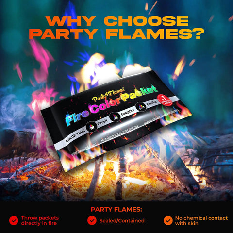 Color Changing Campfire Packets For Fire Pit 50 Pack Rainbow Flames For Outdoor Fireplaces And Bonfires Totally Lit Camping Essential For Kids And Adults Everyone Loves It displayed with vibrant flames.