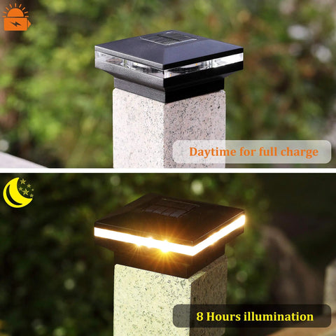 Solar Post Lights 15 Lumen Outdoor Cap Lights For Fence Deck Or Patio Warm White LED Solar Powered Caps Fits 4x4 Or 6x6 Wood Posts Black 2 Pack shown in daytime and nighttime use.