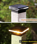 Solar Powered Outdoor Post Lights 8 Pack with 15 Lumen Warm White SMD LED Caps, mounted on 4x4 wooden post, daytime and nighttime view