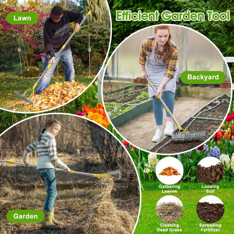 55 Inch Long Stainless Steel 2 In 1 Thatch Rake For Lawn with Sharp Dethatching Blade and Manual Scarifier Tool in use