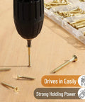 Gold Galvanized Wood Screws Set With Phillips Drive, 152-Piece Assortment For DIY Projects, screws being drilled into wood