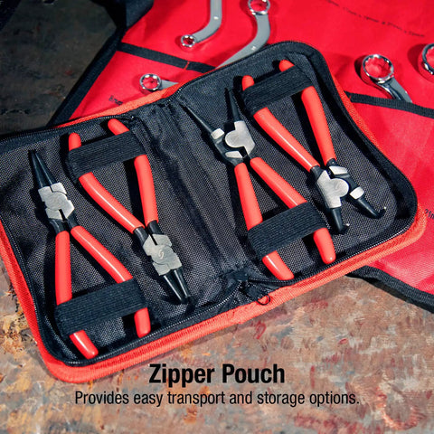 Four Piece Snap Ring Pliers Set With Self Opening Spring Loaded Handles For Internal And External Rings displayed in a zipper pouch