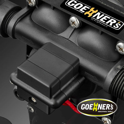 Close-up of Upgraded 12V DC RV Fresh Water Pump 6 GPM 70 PSI Self Priming Diaphragm with Pressure Switch and Strainer, durable build.
