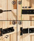 Installation steps of Built Like A Tank Heavy Duty Steel 2 Way Slide Bar Gate Latch on wooden gate panels.