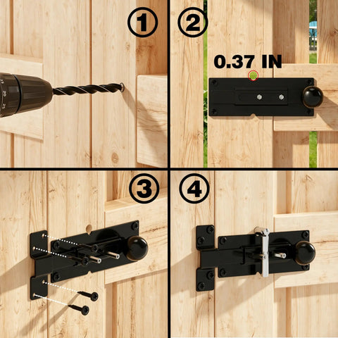 Installation steps of Built Like A Tank Heavy Duty Steel 2 Way Slide Bar Gate Latch on wooden gate panels.
