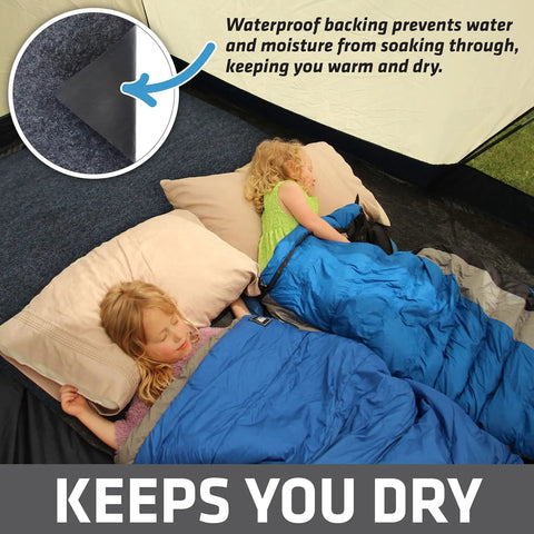 Children sleeping on Soft Plush Tent Carpet Mat With Waterproof Backing Keeps You Warm And Dry Inside The Tent