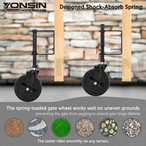 Heavy Duty Gate Caster Wheel With Side Brake, Spring Loaded Drag Wheel With 360 Degree Swivel, 200 Lb Capacity, Black, Five Inch