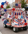 Decorated golf cart with All In One 4th Of July Golf Cart Decor Kit For Parades And Independence Day Patriotic Banner Tassel Garlands