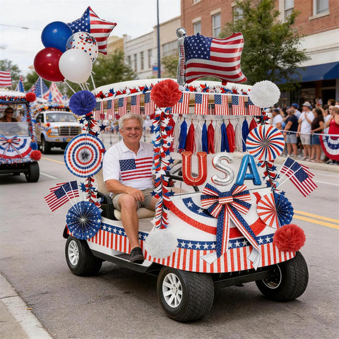 Decorated golf cart with All In One 4th Of July Golf Cart Decor Kit For Parades And Independence Day Patriotic Banner Tassel Garlands