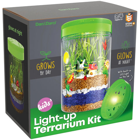 Light Up Terrarium Kit For Kids box with 4x6 in jar, LED lid, seeds, soil, rocks, and miniature garden scene for STEM learning.