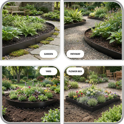 Metal Landscape Edging 20Ft Flexible No Dig Border in garden, pathway, yard, and flower bed settings, showcasing 8-inch galvanized steel.