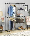 Double Rod Freestanding Closet Organizer With Five Shelves In Silver Steel Rack for clothes, shoes, and accessories in living room.