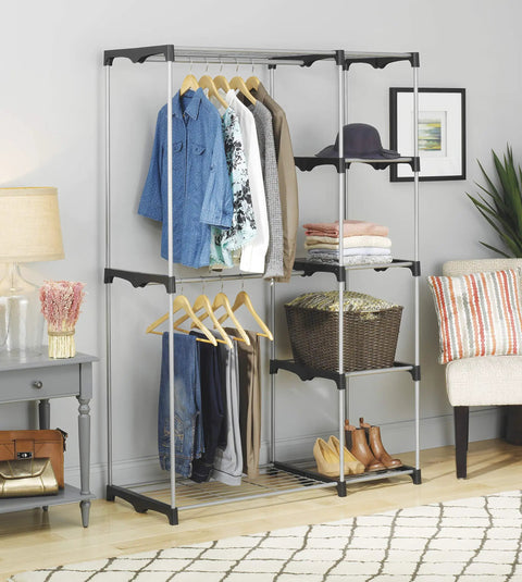 Double Rod Freestanding Closet Organizer With Five Shelves In Silver Steel Rack for clothes, shoes, and accessories in living room.