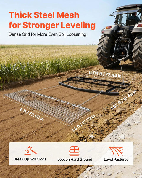 Tow Behind 6 Ft Drag Harrow With Chain Harrow Adjustable Width 80 Lb Load Capacity shown near a tractor leveling a dirt surface.