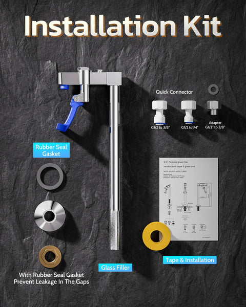 Glass Filler Faucet For Bars And Restaurants Deck Mount Chrome Drinking Water Station Installation Kit with parts labeled