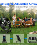 Beastly 24 Inch High Velocity Drum Fan With 8800 CFM outdoors near people at a picnic, showcasing adjustable 360-degree tilt on grass