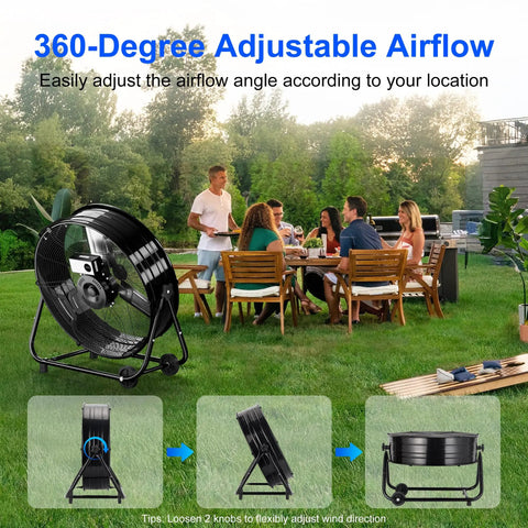Beastly 24 Inch High Velocity Drum Fan With 8800 CFM outdoors near people at a picnic, showcasing adjustable 360-degree tilt on grass