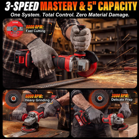 High Octane Brushless Cordless 4-1/2 To 5 Inch Angle Grinder Kit in use, showcasing cutting, grinding, and prep speeds.