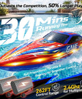 High Speed RC Boat For Kids And Adults, 25 Plus KPH Racing Power, multicolor hull with LED lights showcasing capsize recovery.