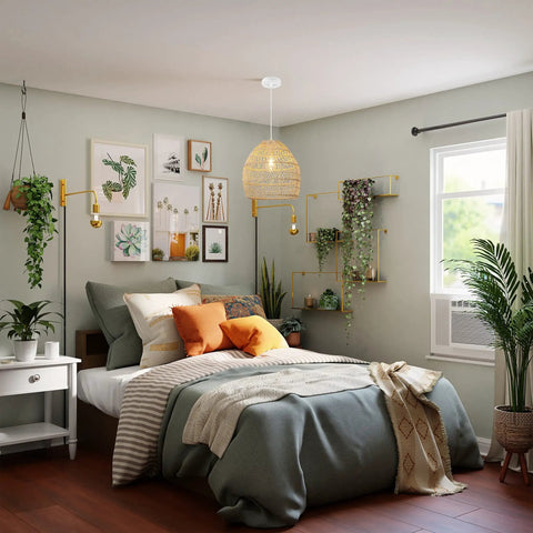 Beige Bamboo Pendant Light Fixture Boho Style With Rattan Wrapped Shade Hanging Lamp in modern bedroom setting.