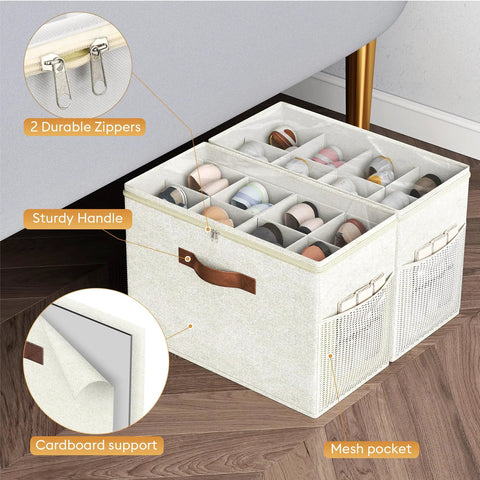 Two Pack Clear Shoe Organizer for Closet With Foldable Storage Containers and Adjustable Dividers Fits Up To Sixteen Pairs Reinforced Handles Space Saving Beige Shoe Storage Bins under bed