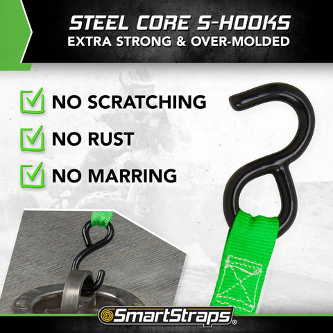 14FT Ratchet Tie Down Straps 4 Pack Featuring Savage 500 Pound Safe Working Load And Quad Winder Design close-up of steel core S-hook