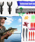 Angler holding fish next to 84Piece Fishing Lure Set With Tackle Box All In One For Saltwater And Freshwater Angling including soft lures.