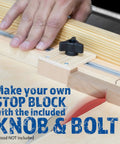 Build Your Dream Workshop With This 17 Inch Diy Crosscut Sled Kit For Table Saw Including Pre Drilled Uhmw Glide Bars For Dead On Accurate Cuts That Slide Like Butter And Deliver Hella Reliable Results Every Single Session showing knob and stop block assembly.
