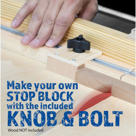 Build Your Dream Workshop With This 17 Inch Diy Crosscut Sled Kit For Table Saw Including Pre Drilled Uhmw Glide Bars For Dead On Accurate Cuts That Slide Like Butter And Deliver Hella Reliable Results Every Single Session showing knob and stop block assembly.