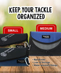 Fishing Tackle Organizer Case With Soft Bait Binder, Ultra Portable 8.5 By 5.5 By 1 Inch Slim Binder, Six Clear Sleeves And Two Zipper Pouches, Blue medium size displayed on table with small variant and signage.