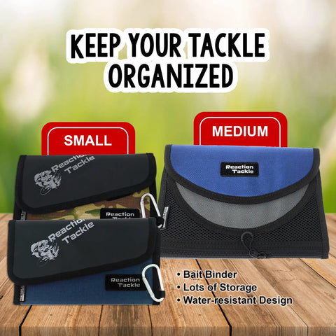 Fishing Tackle Organizer Case With Soft Bait Binder, Ultra Portable 8.5 By 5.5 By 1 Inch Slim Binder, Six Clear Sleeves And Two Zipper Pouches, Blue medium size displayed on table with small variant and signage.