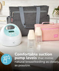 Hassle Free Portable Electric Breast Pump With Rechargeable Battery And Soft Suction Levels Includes Total Must Have Travel Tote Nursing Bottles And Insulated Cooler Bag For Busy Mom Life on a kitchen table.