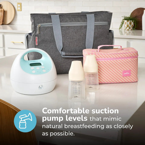 Hassle Free Portable Electric Breast Pump With Rechargeable Battery And Soft Suction Levels Includes Total Must Have Travel Tote Nursing Bottles And Insulated Cooler Bag For Busy Mom Life on a kitchen table.