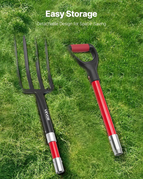 Heavy Duty Garden Fork With Fiberglass Handle 4 Tine Spading Fork 45 Inch Digging Fork With Y Grip on grass surface