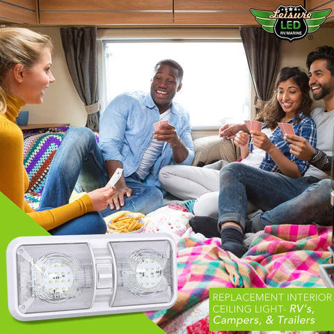 Group enjoying in RV trailer with RV Ceiling Double Dome LED Light Fixture With On Off Switch For Car RV Trailer Camper Boat 12V Natural White