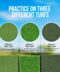 Range-Ready Indoor Outdoor Golf Hitting Mat with three turf thicknesses for driving range and backyard practice.