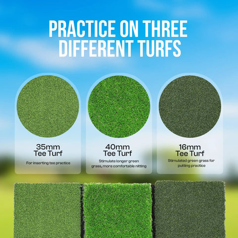 Range-Ready Indoor Outdoor Golf Hitting Mat with three turf thicknesses for driving range and backyard practice.