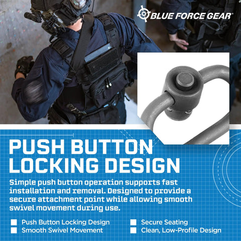 Built Like A Tank Push Button Sling Swivel For Rifles And Shotguns Machined Steel Quick Detach Hardware close-up with locking design.