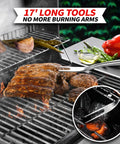 Heavy Duty Rosewood BBQ Tools Set With Extra Thick Stainless Steel Spatula Fork And Tongs For Grilling Mastery Great Gift For Dad And Grill Crew Durable Indoor Outdoor Utensils For Barbecue shown in use on a grill with meats and vegetables