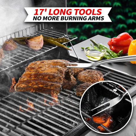 Heavy Duty Rosewood BBQ Tools Set With Extra Thick Stainless Steel Spatula Fork And Tongs For Grilling Mastery Great Gift For Dad And Grill Crew Durable Indoor Outdoor Utensils For Barbecue shown in use on a grill with meats and vegetables