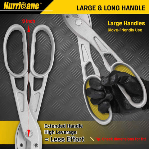 Large ergonomic handles of Lightweight Aluminum Tin Snips With Replaceable Blades for HVAC sheet metal and vinyl siding.