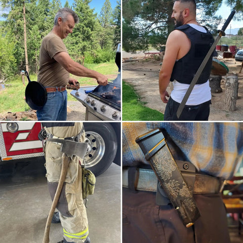 People wearing various belt holsters in different scenarios outdoors, focusing on practical applications of belt clip features.
