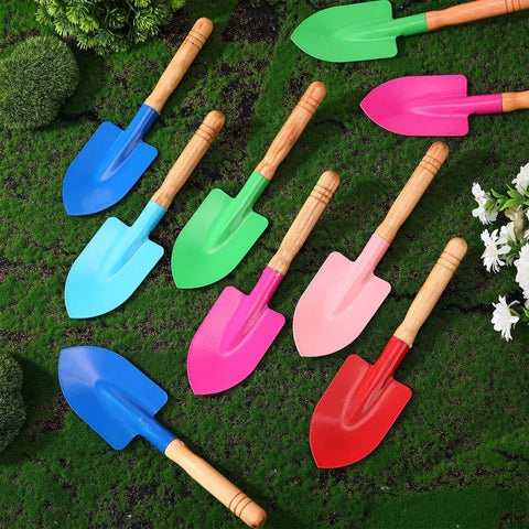 30 Piece Mini Garden Shovel Set Colorful Metal Tools With Wooden Handles for planting and beach play on grassy surface.