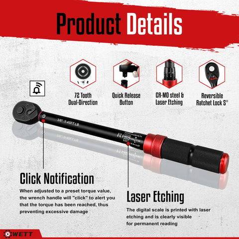 Close-up of 11 Piece Torque Wrench Set With Half Inch, Three Eighths Inch And Quarter Inch Drives, features highlighted.