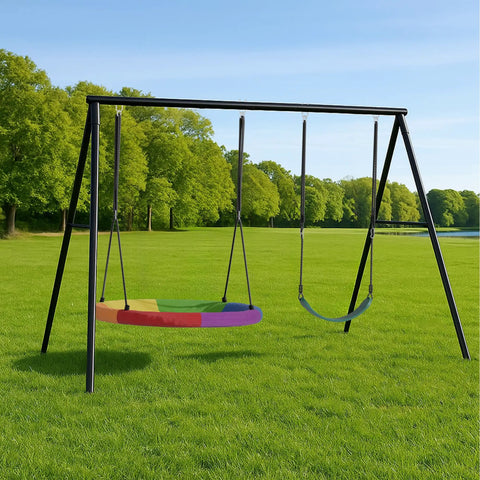 Heavy Duty Swing Set Frame With Stand For Backyard Fun 440 Lb Capacity 3 In 1 Swing Set With Saucer Swing And Belt Swing Adjustable Height For Kids Teens And Outdoor Play on green lawn